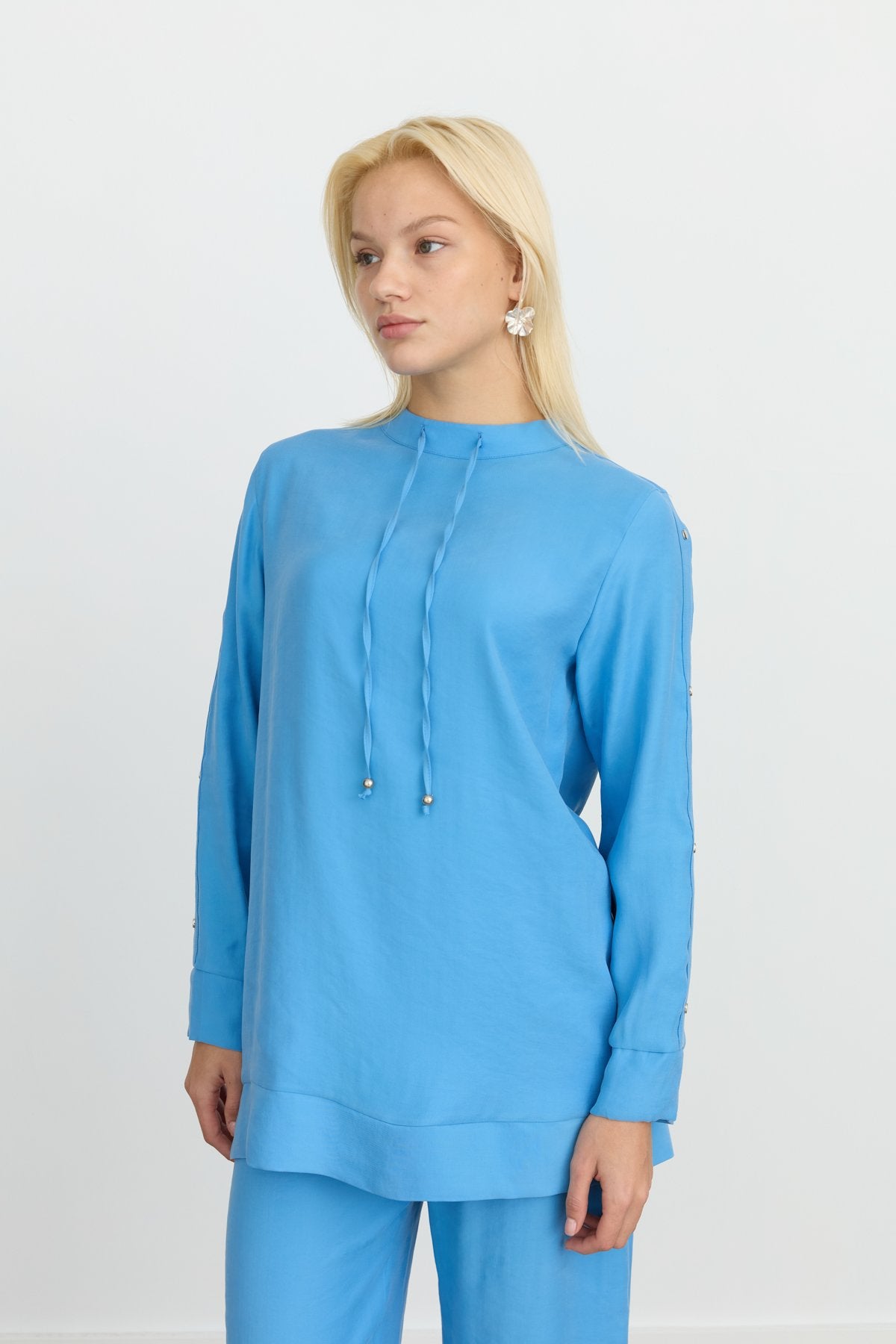 Sleeve Detail Pants and Tunic Set in Tencel Blend - Blue