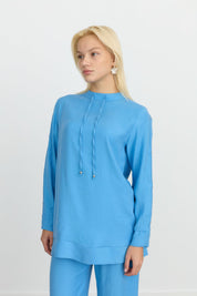 Sleeve Detail Pants and Tunic Set in Tencel Blend - Blue