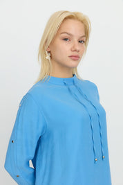 Sleeve Detail Pants and Tunic Set in Tencel Blend - Blue