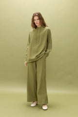 Kol Detaylı Pantolon Tunik Tencel Karışım Takım - Olive