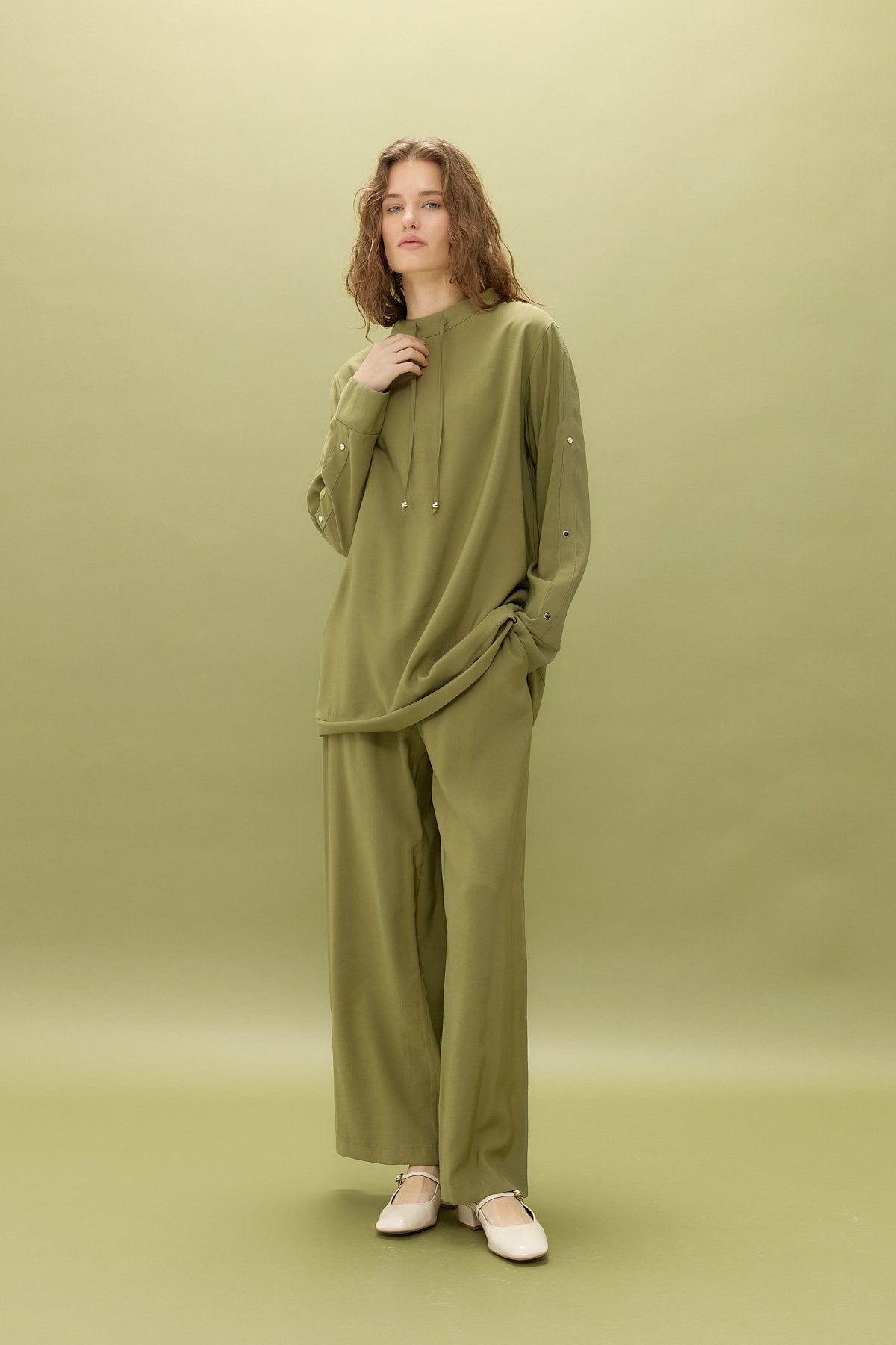 Kol Detaylı Pantolon Tunik Tencel Karışım Takım - Olive