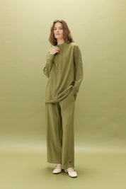 Kol Detaylı Pantolon Tunik Tencel Karışım Takım - Olive