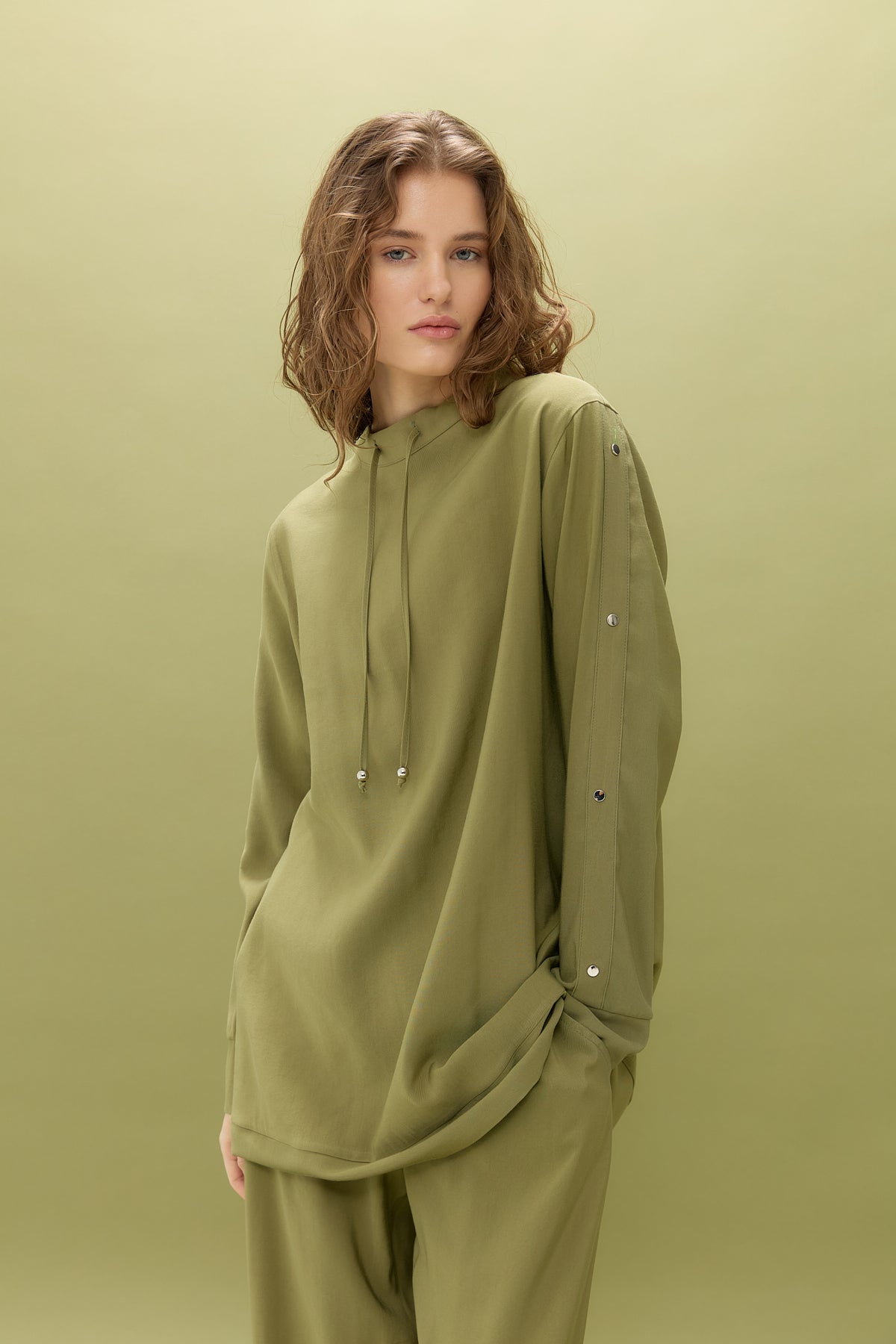 Kol Detaylı Pantolon Tunik Tencel Karışım Takım - Olive