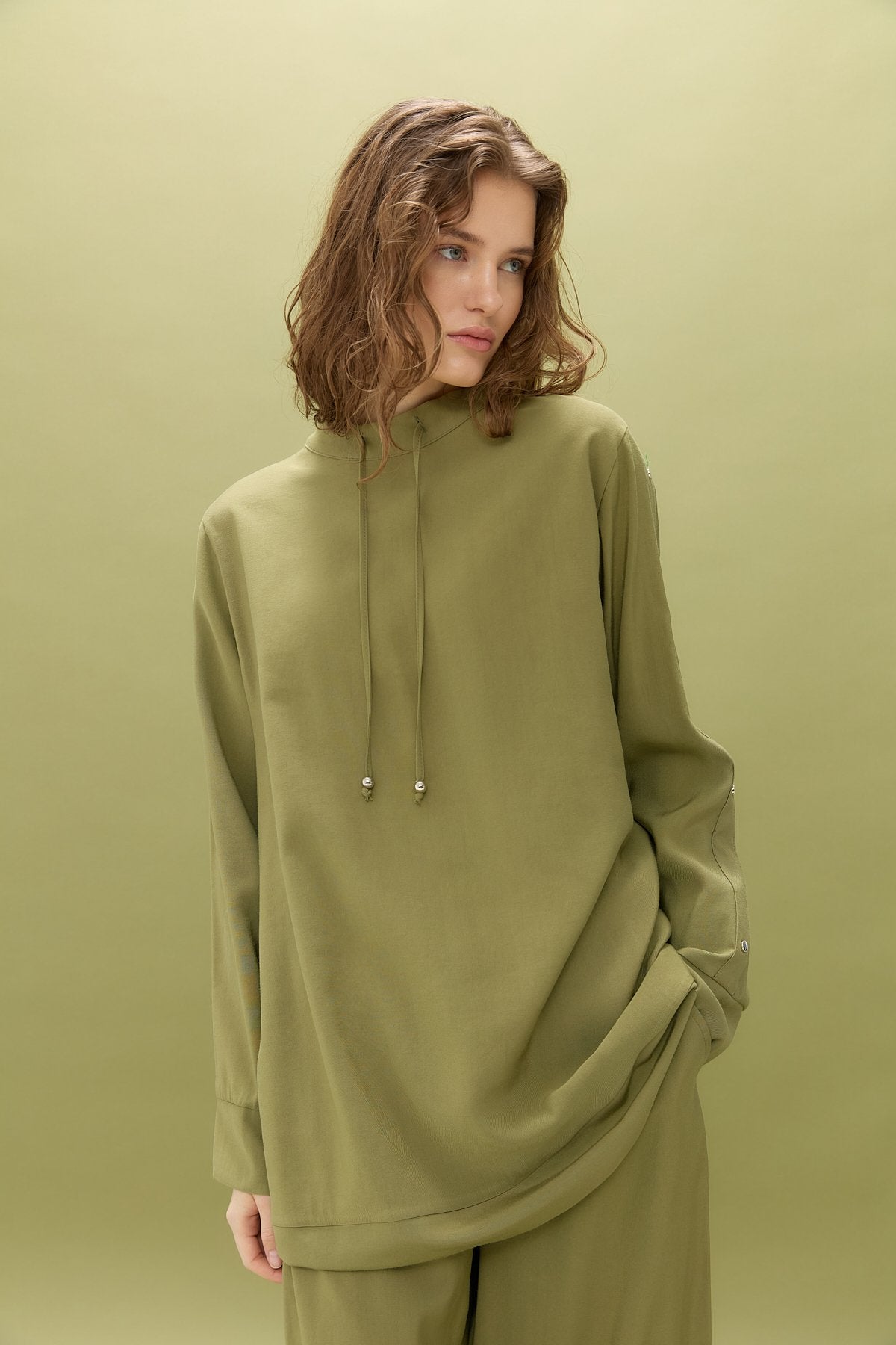 Kol Detaylı Pantolon Tunik Tencel Karışım Takım - Olive