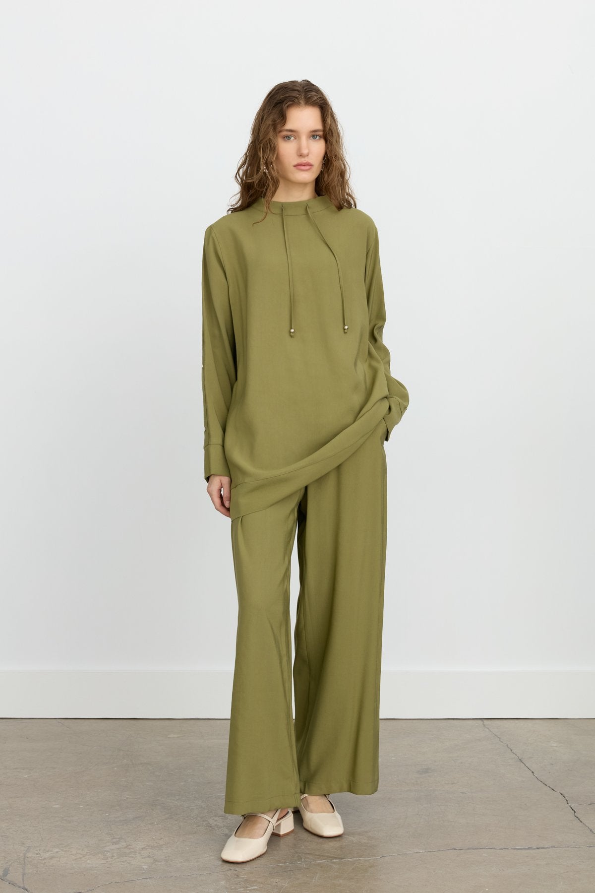 Kol Detaylı Pantolon Tunik Tencel Karışım Takım - Olive