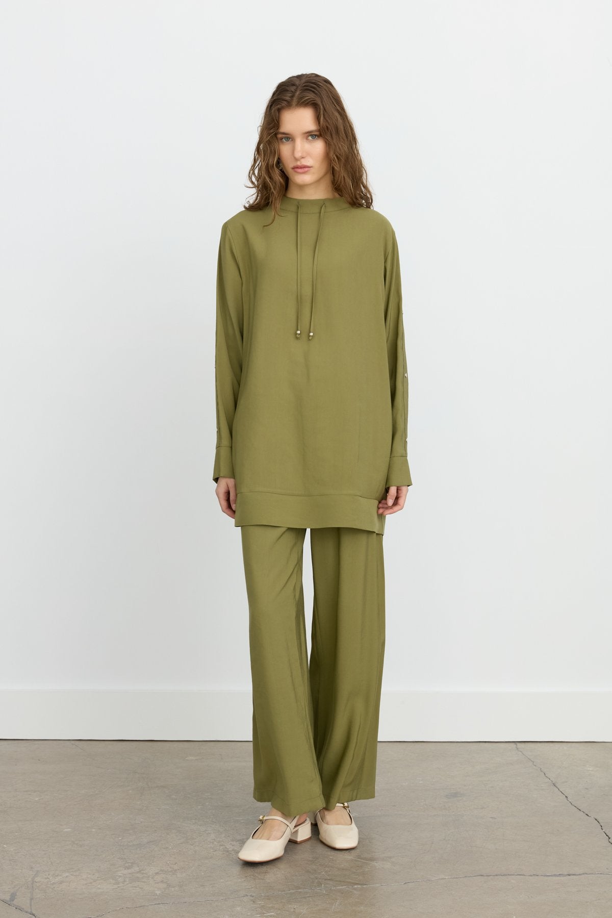 Kol Detaylı Pantolon Tunik Tencel Karışım Takım - Olive