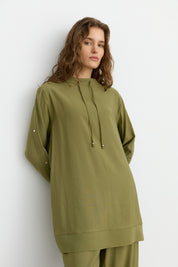 Kol Detaylı Pantolon Tunik Tencel Karışım Takım - Olive