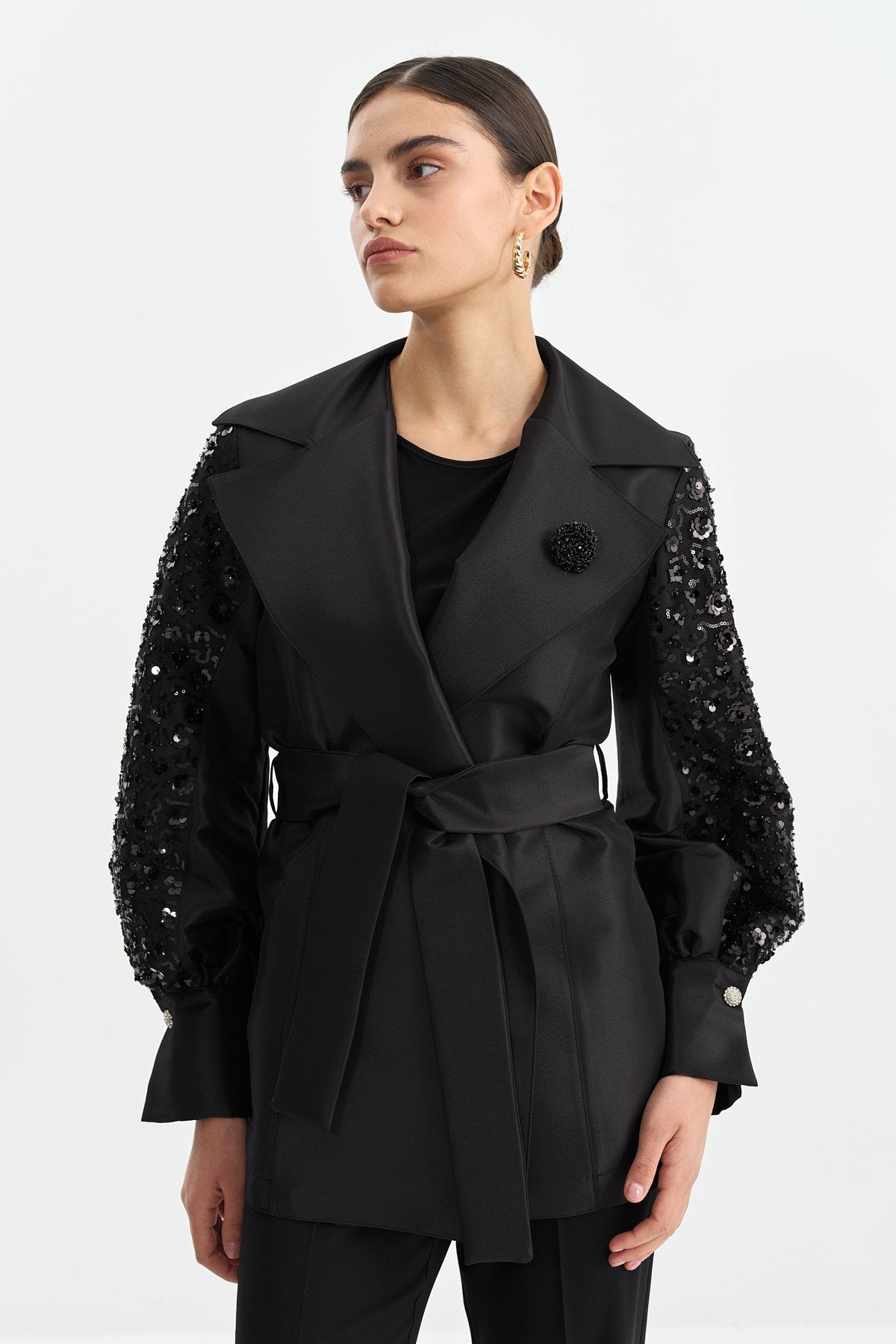 Satin Jacket with Arm Detail and Shiny Stone Accessory - Black