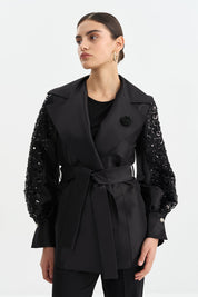 Satin Jacket with Arm Detail and Shiny Stone Accessory - Black
