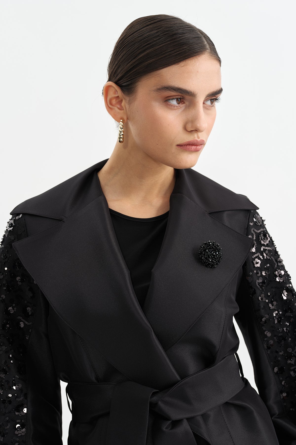 Satin Jacket with Arm Detail and Shiny Stone Accessory - Black