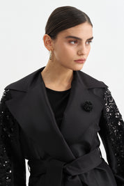 Satin Jacket with Arm Detail and Shiny Stone Accessory - Black