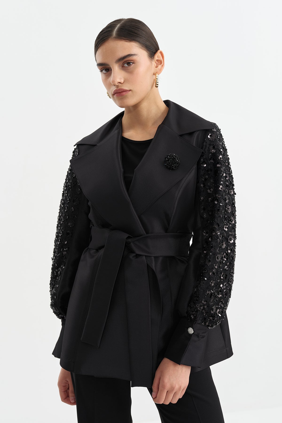 Satin Jacket with Arm Detail and Shiny Stone Accessory - Black