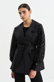 Satin Jacket with Arm Detail and Shiny Stone Accessory - Black