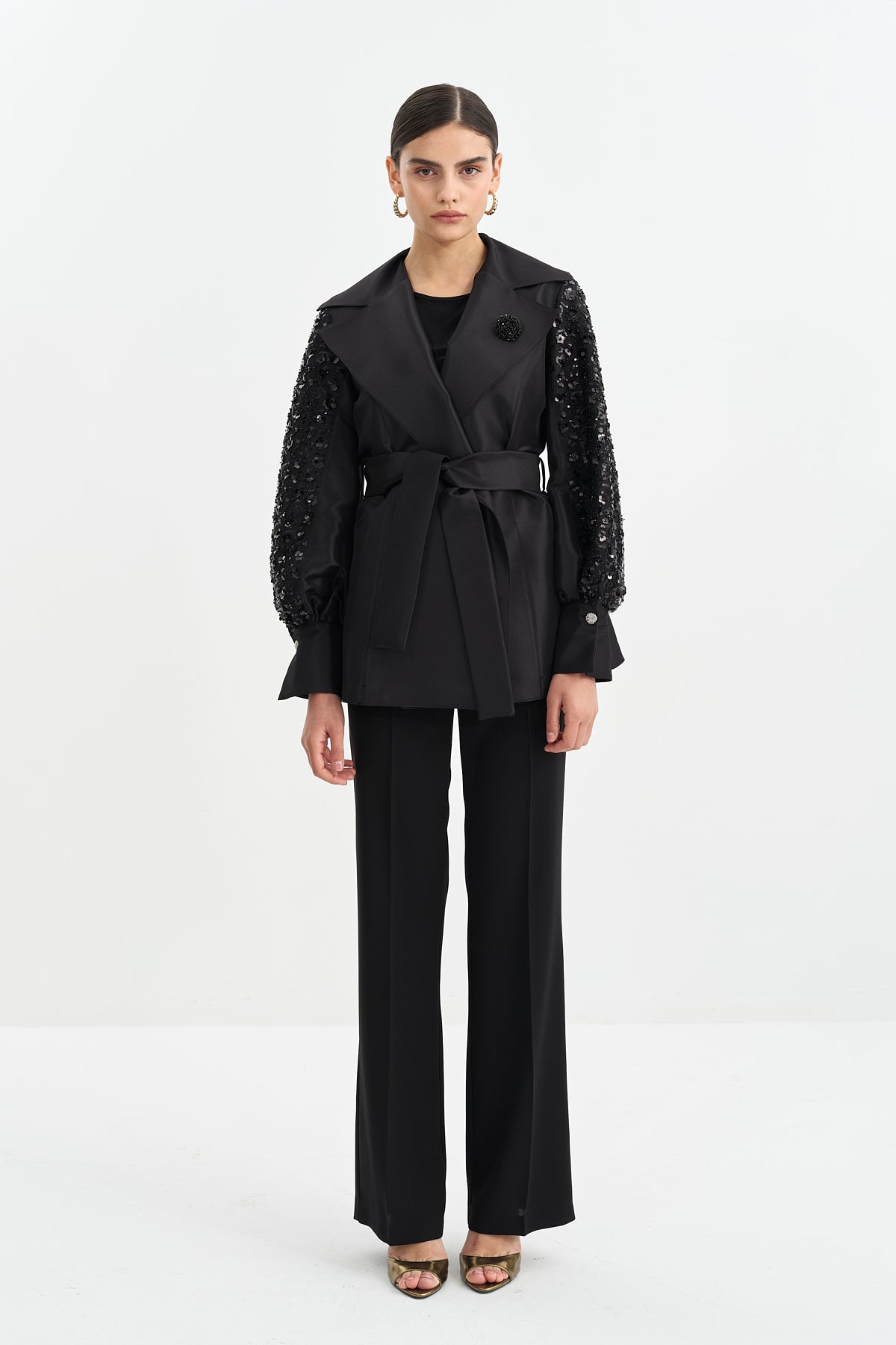 Satin Jacket with Arm Detail and Shiny Stone Accessory - Black