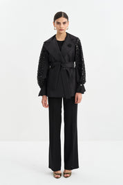Satin Jacket with Arm Detail and Shiny Stone Accessory - Black