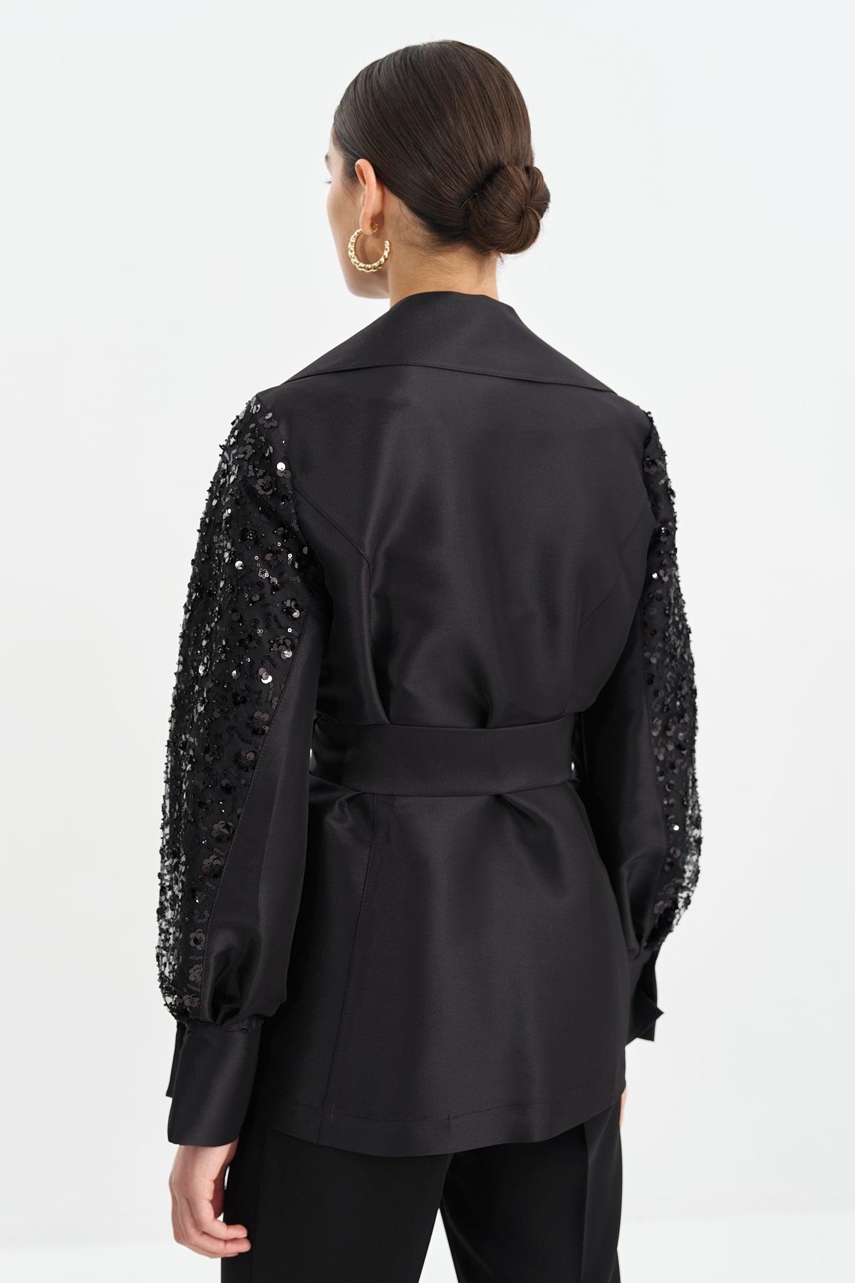 Satin Jacket with Arm Detail and Shiny Stone Accessory - Black