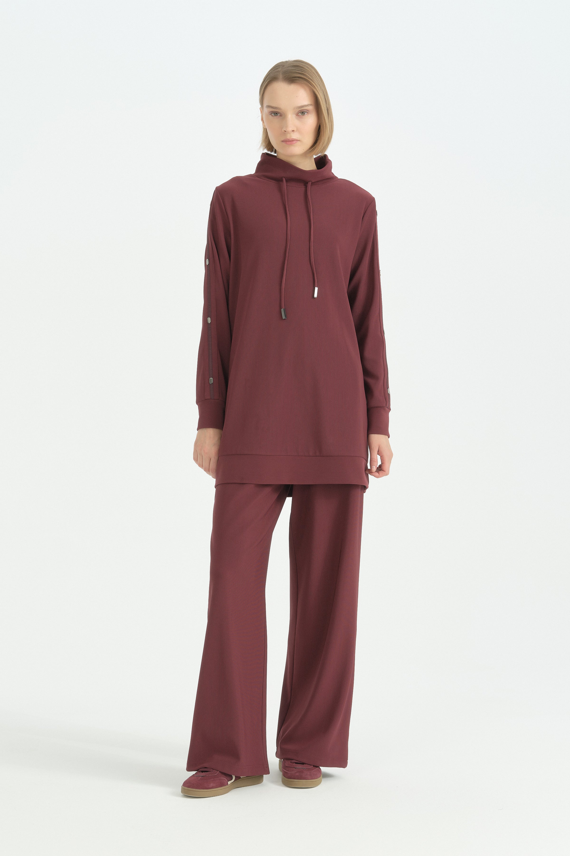 Kol Detaylı Rahat Pantolon Tunik Takım - Bordo