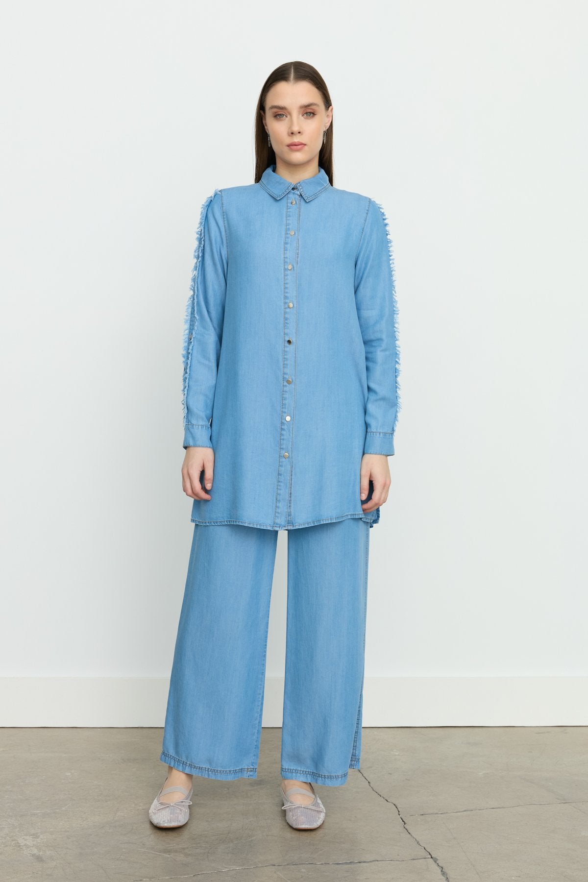 Kol Detaylı Tencel Pantolon Tunik Takım - İndigo