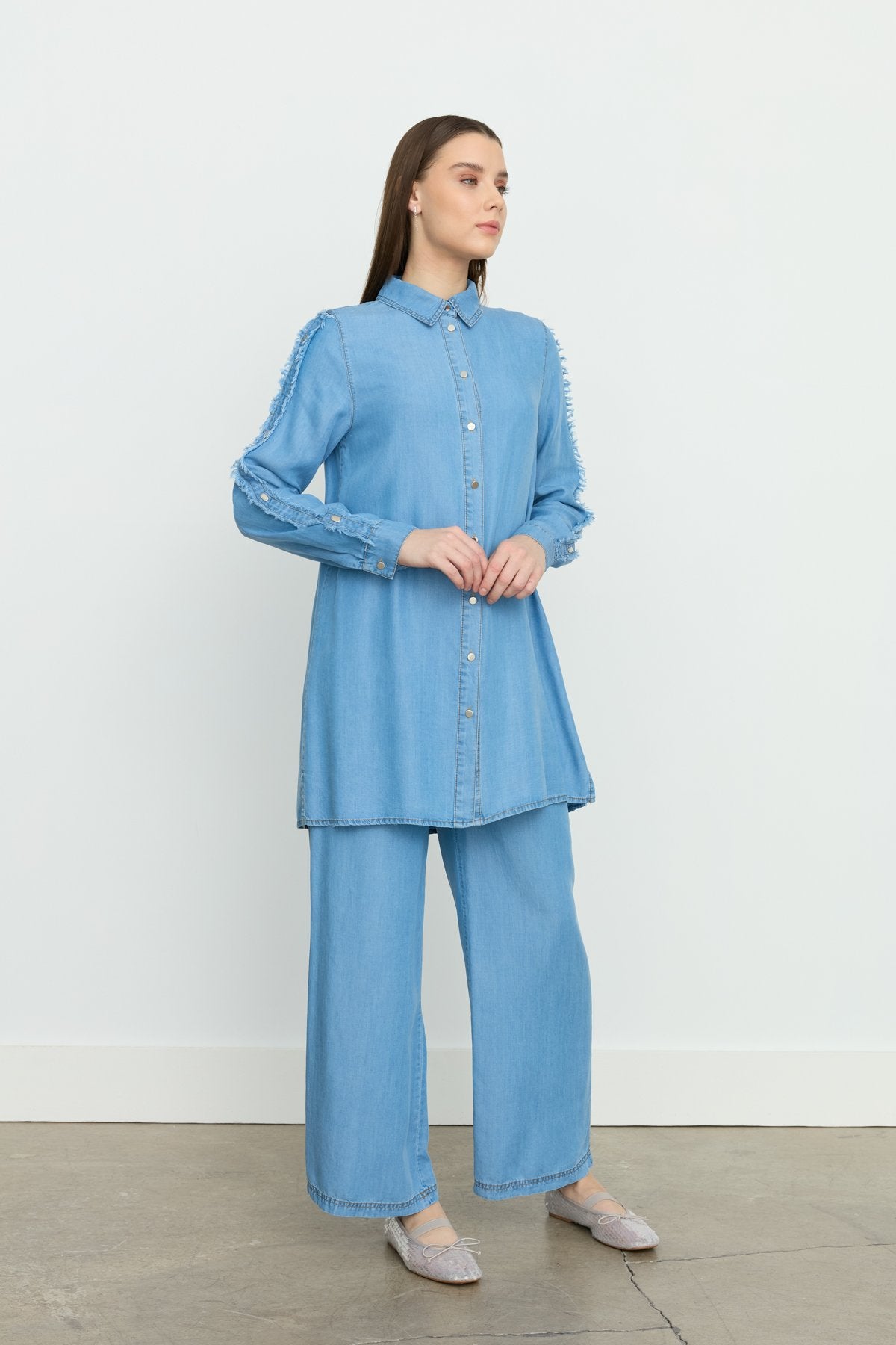 Kol Detaylı Tencel Pantolon Tunik Takım - İndigo