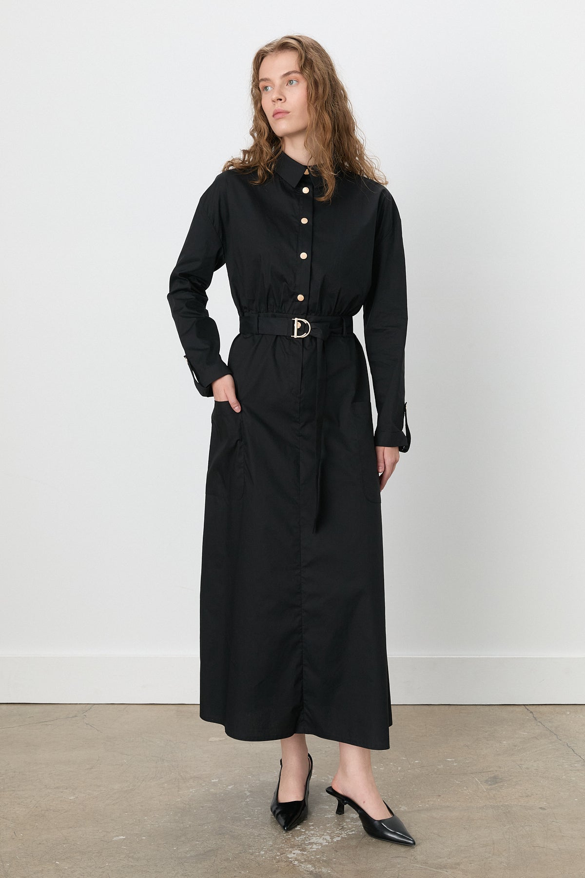 Fold-Sleeve Shirt Cotton Dress - Black