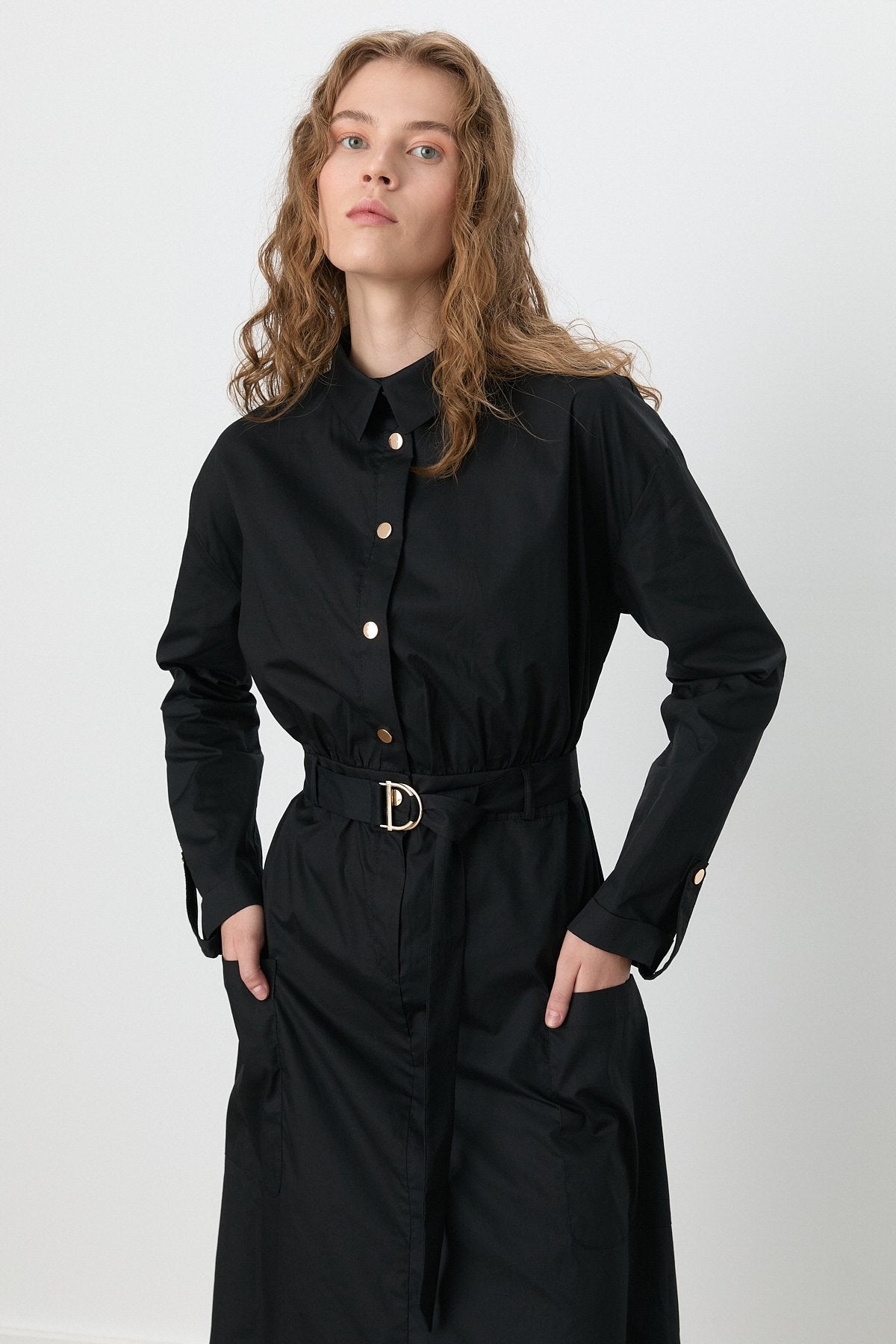 Fold-Sleeve Shirt Cotton Dress - Black
