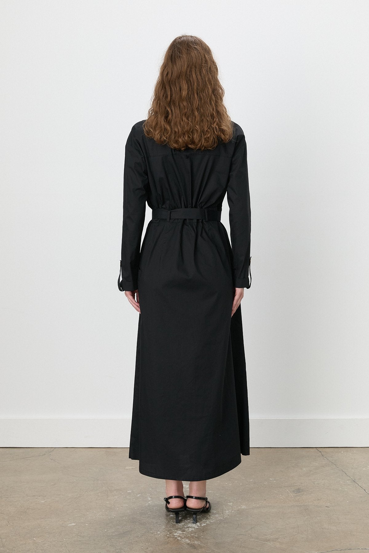 Fold-Sleeve Shirt Cotton Dress - Black