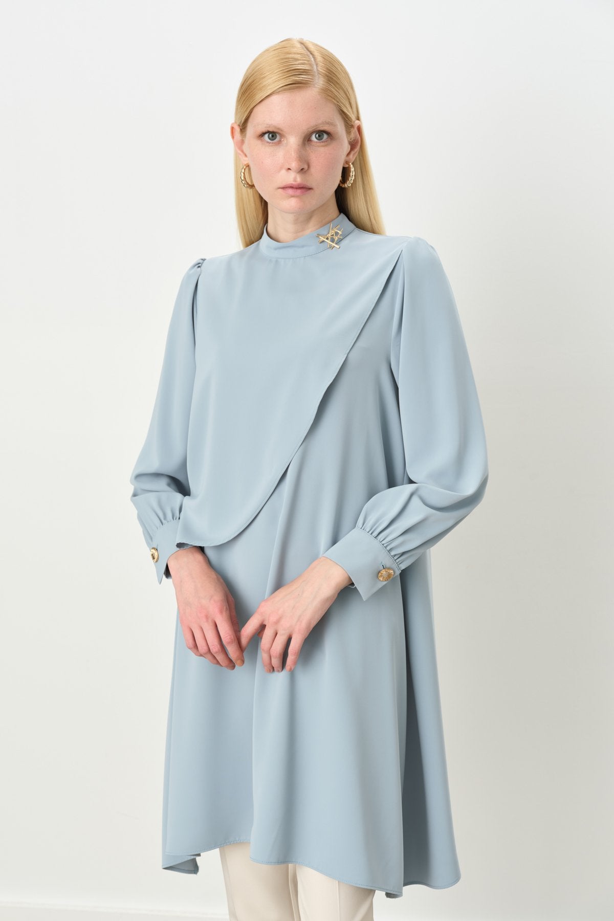 Asymmetrical Tunic with Gathered Sleeve Detail - Light Blue