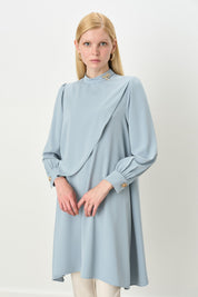 Asymmetrical Tunic with Gathered Sleeve Detail - Light Blue