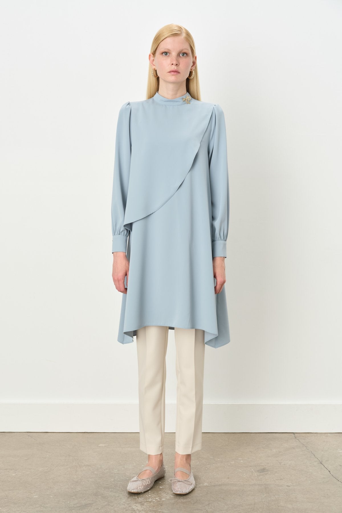 Asymmetrical Tunic with Gathered Sleeve Detail - Light Blue