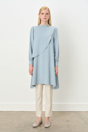 Asymmetrical Tunic with Gathered Sleeve Detail - Light Blue