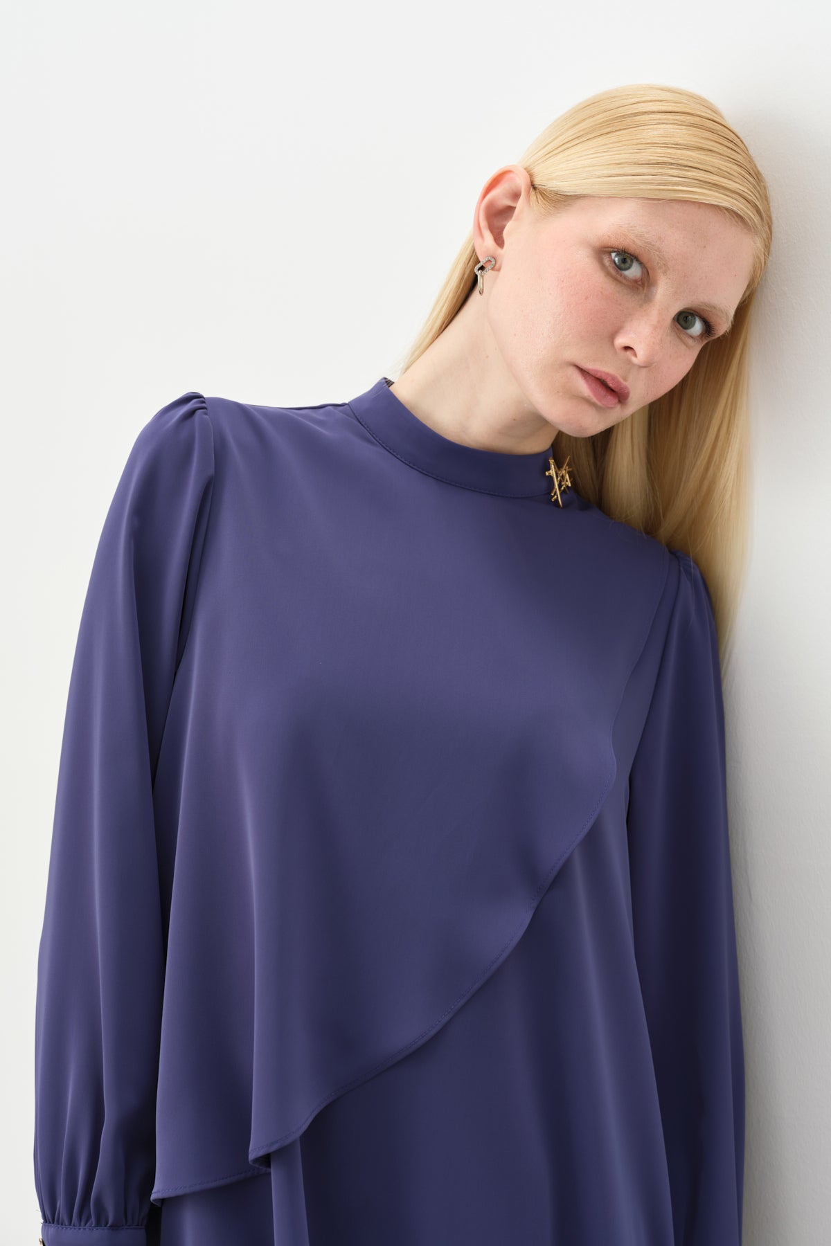 Asymmetrical Tunic with Gathered Sleeves - Indigo