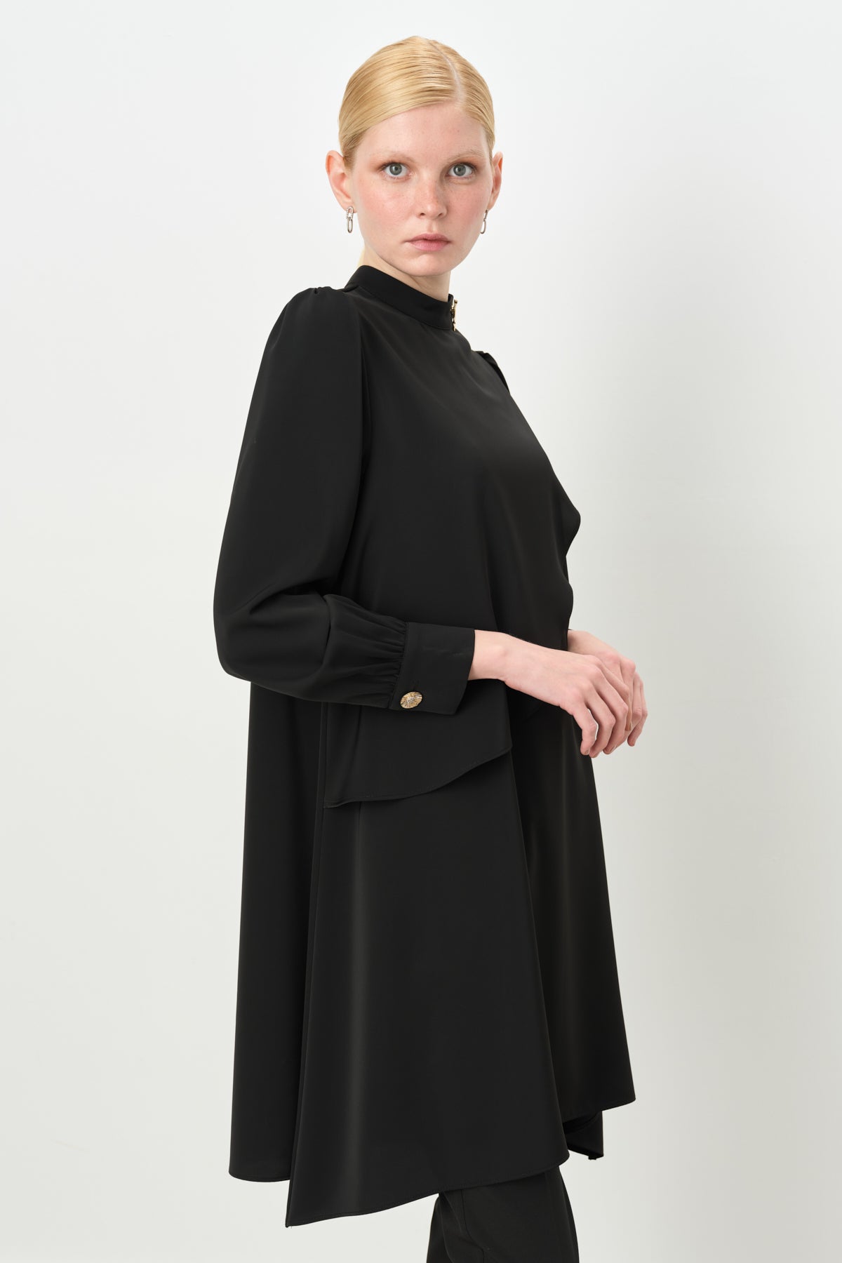 Asymmetrical Tunic with Gathered Sleeves - Black