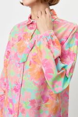 Cotton Tunic with Gathered Sleeves and Shirt Collar - Pink