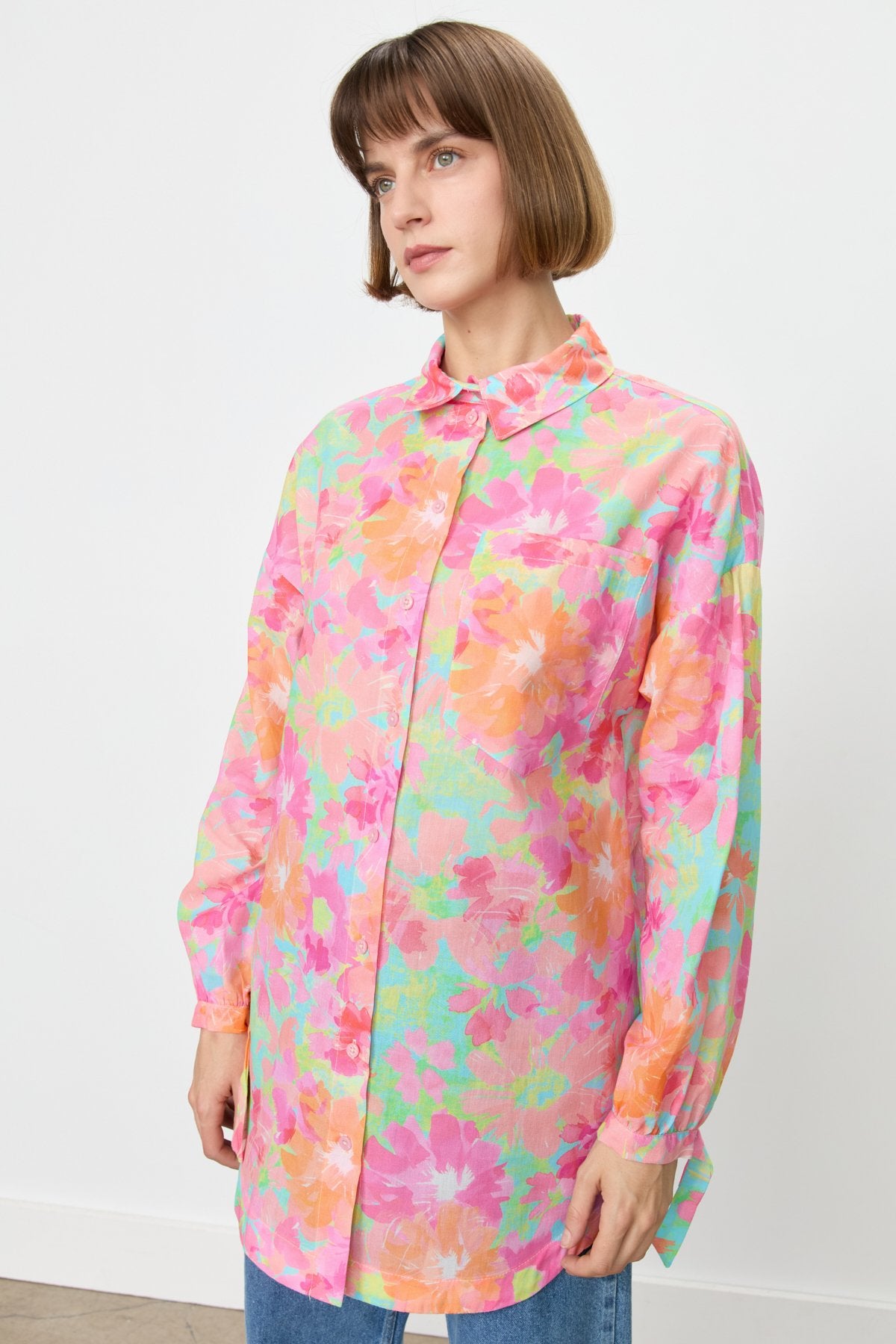 Cotton Tunic with Gathered Sleeves and Shirt Collar - Pink