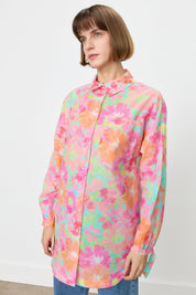 Cotton Tunic with Gathered Sleeves and Shirt Collar - Pink