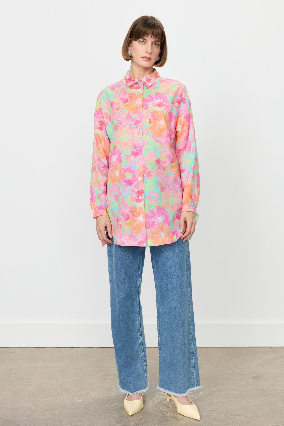 Cotton Tunic with Gathered Sleeves and Shirt Collar - Pink