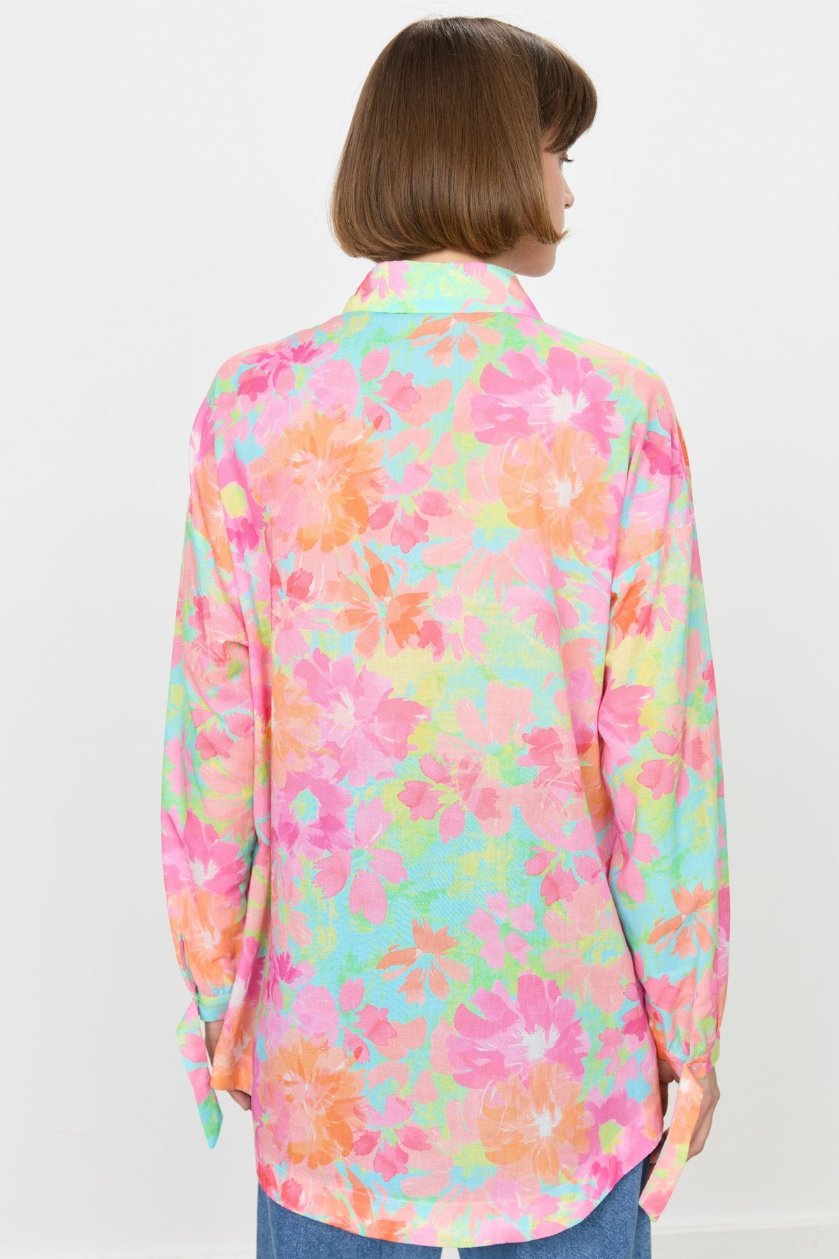 Cotton Tunic with Gathered Sleeves and Shirt Collar - Pink