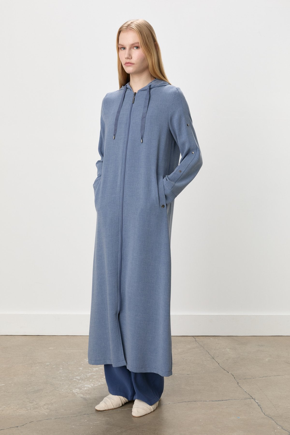 Hooded Abaya with Snap Button Detail on Sleeves - Indigo