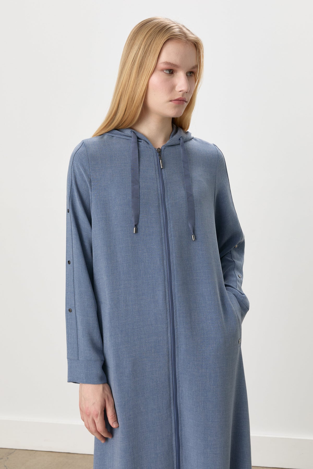 Hooded Abaya with Snap Button Detail on Sleeves - Indigo