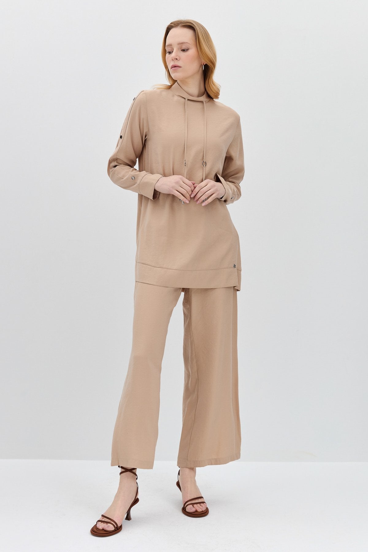 Pant and Tunic Set with Snap Button Detail on Sleeves - Beige