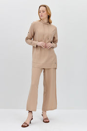 Pant and Tunic Set with Snap Button Detail on Sleeves - Beige