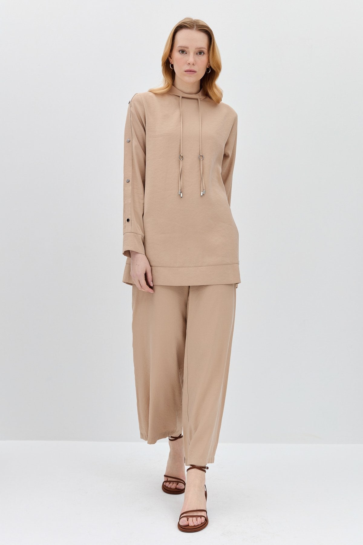 Pant and Tunic Set with Snap Button Detail on Sleeves - Beige