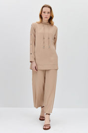 Pant and Tunic Set with Snap Button Detail on Sleeves - Beige