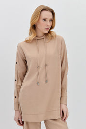 Pant and Tunic Set with Snap Button Detail on Sleeves - Beige