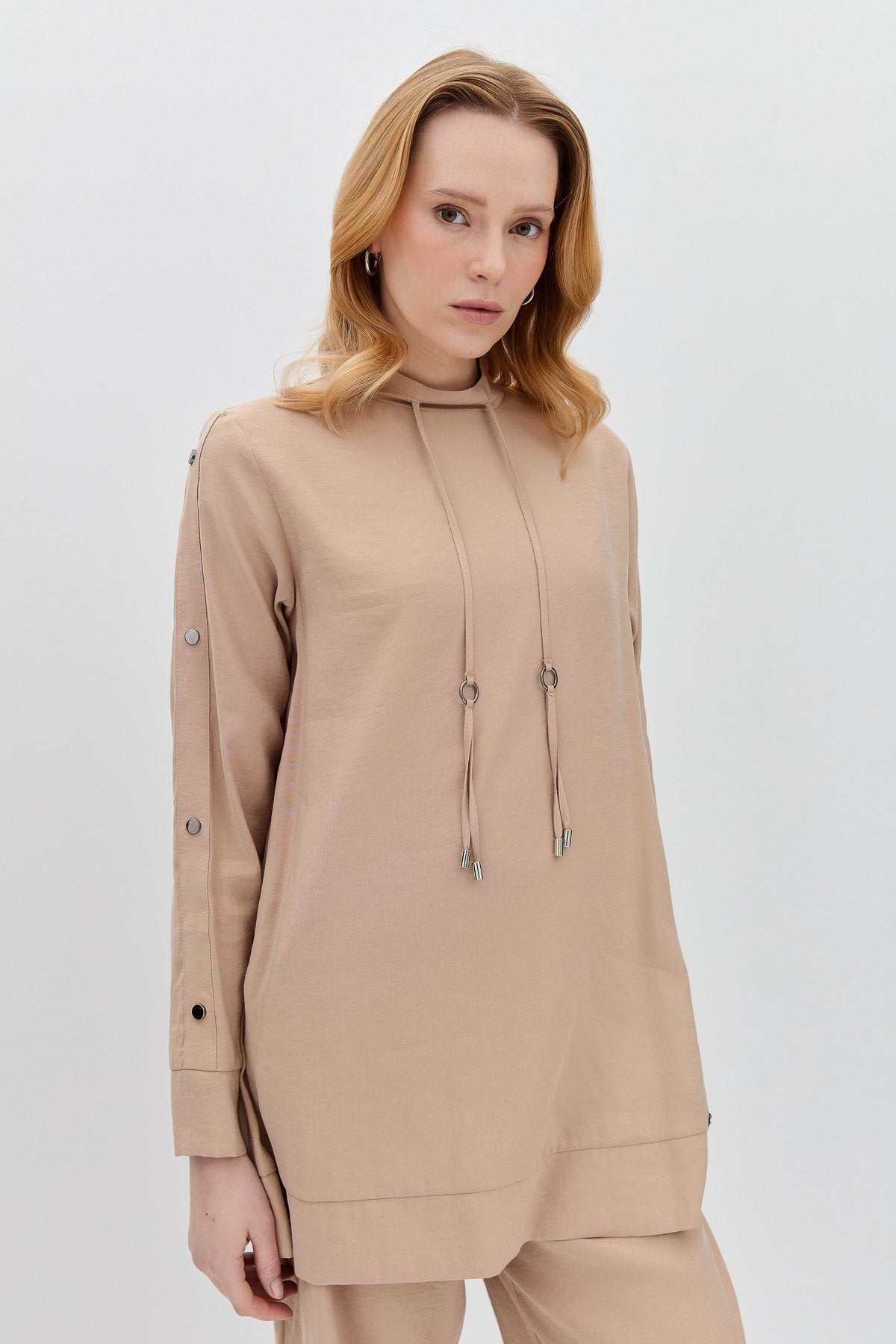 Pant and Tunic Set with Snap Button Detail on Sleeves - Beige