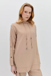 Pant and Tunic Set with Snap Button Detail on Sleeves - Beige