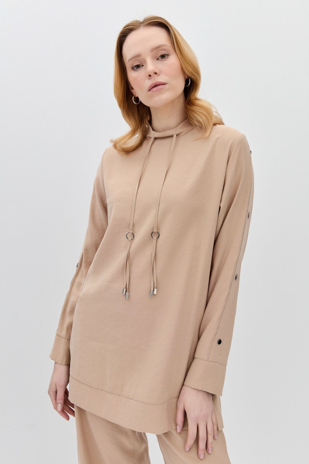 Pant and Tunic Set with Snap Button Detail on Sleeves - Beige