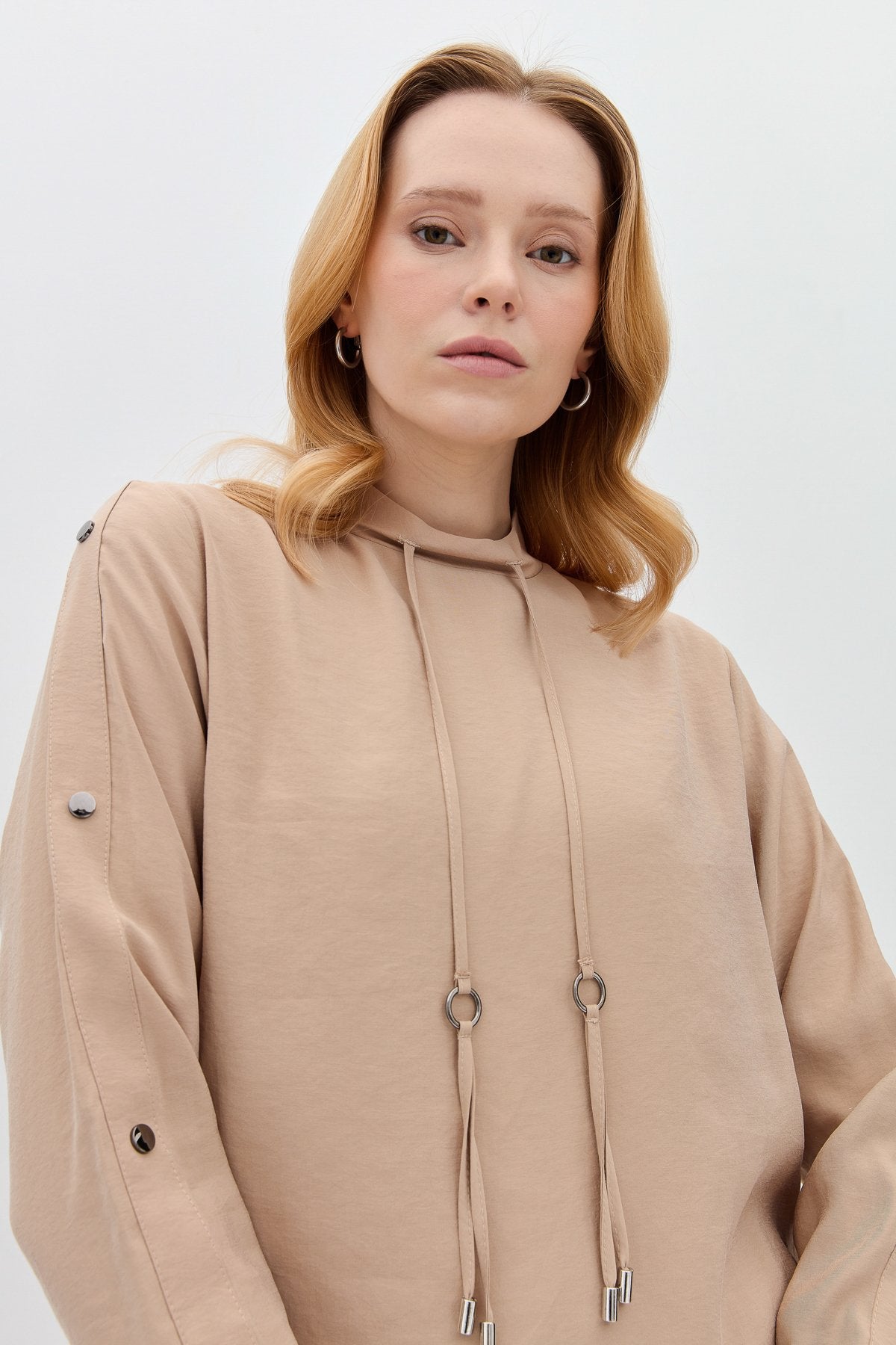 Pant and Tunic Set with Snap Button Detail on Sleeves - Beige