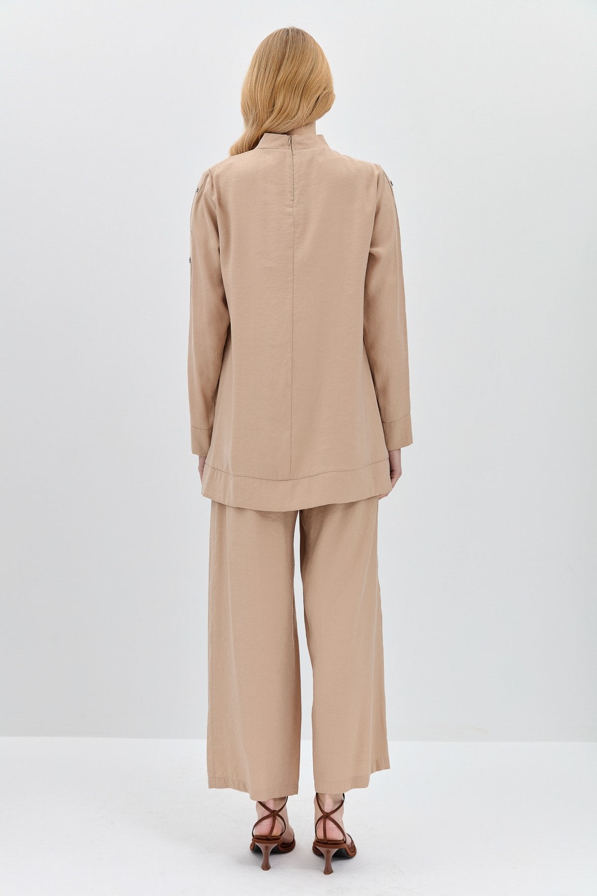 Pant and Tunic Set with Snap Button Detail on Sleeves - Beige