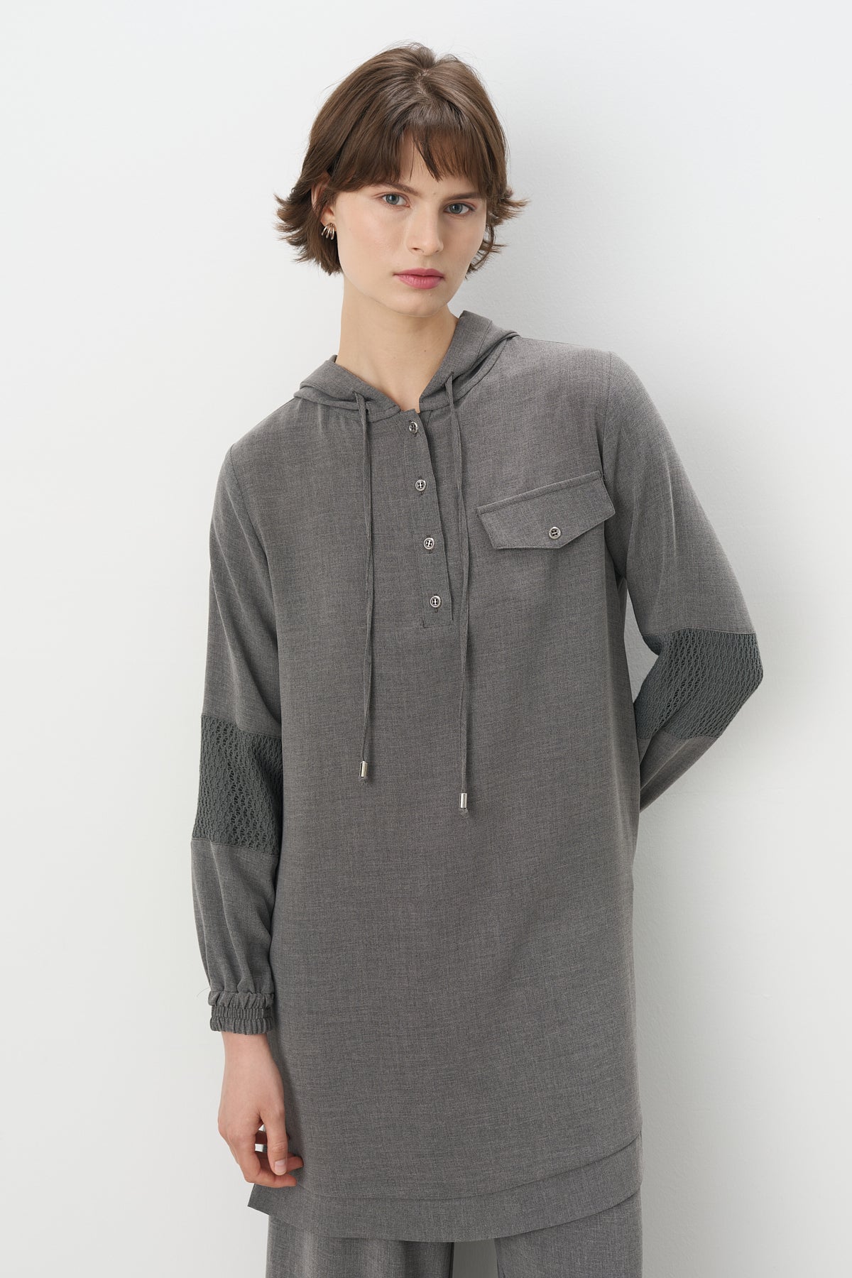 Pants Tunic Set with Mesh and Lace Detail Sleeves - Smoke Grey